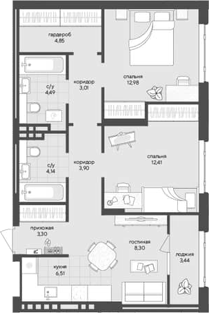 Планировка — Новый Кедровый, 2-комн., 64 м²
