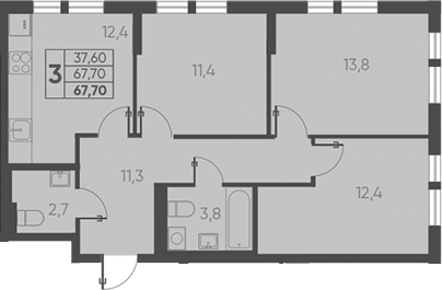 Планировка — Барса, 3-комн., 68 м²