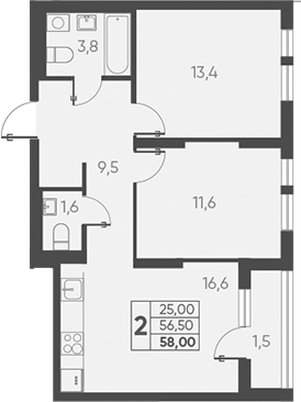 Планировка — Барса, 2-комн., 57 м²