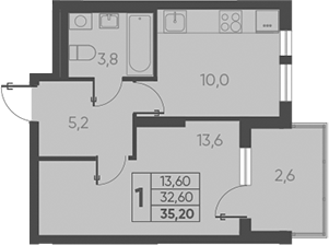 Планировка — Барса, 1-комн., 33 м²