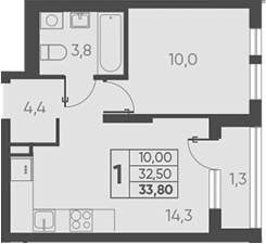 Планировка — Барса, 1-комн., 33 м²