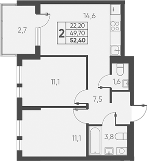 Планировка — Барса, 2-комн., 50 м²