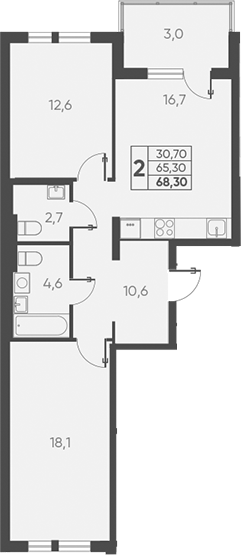 Планировка — Барса, 2-комн., 65 м²