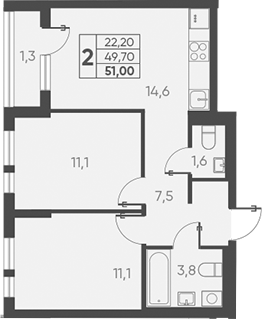 Планировка — Барса, 2-комн., 50 м²