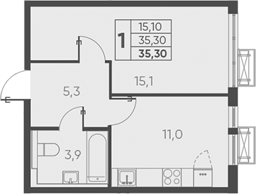 Планировка — Барса, 1-комн., 35 м²