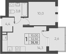 Планировка — Барса, 1-комн., 33 м²