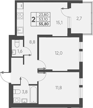 Планировка — Барса, 2-комн., 53 м²