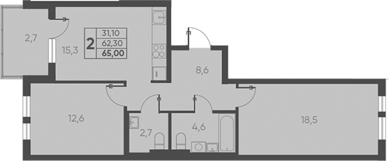 Планировка — Барса, 2-комн., 62 м²