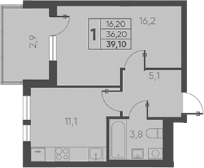 Планировка — Барса, 1-комн., 36 м²