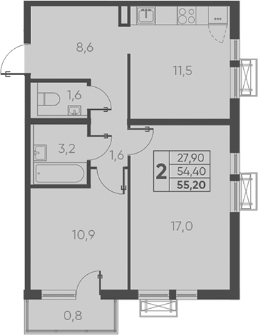 Планировка — Барса, 2-комн., 54 м²