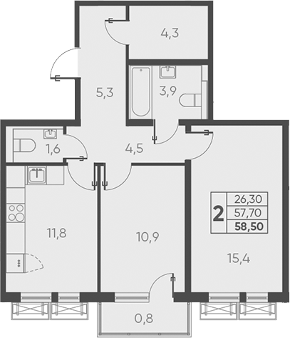 Планировка — Барса, 2-комн., 58 м²
