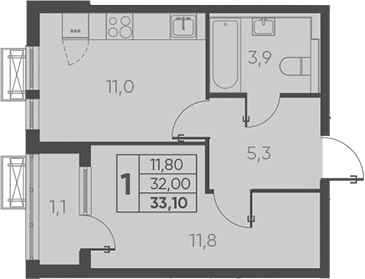 Планировка — Барса, 1-комн., 32 м²