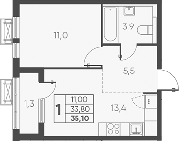 Планировка — Барса, 1-комн., 34 м²