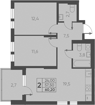 Планировка — Барса, 2-комн., 58 м²
