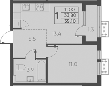 Планировка — Барса, 1-комн., 34 м²