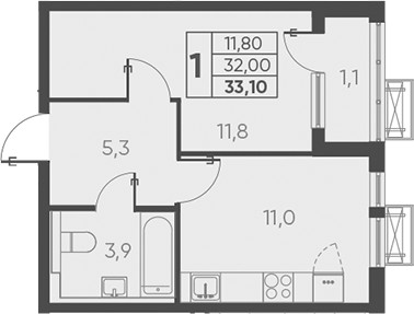Планировка — Барса, 1-комн., 32 м²
