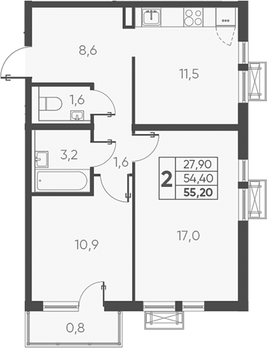 Планировка — Барса, 2-комн., 54 м²