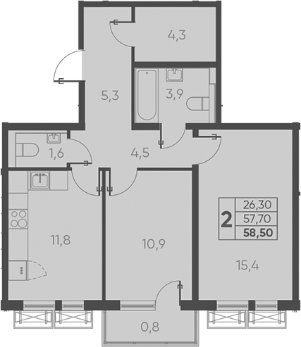 Планировка — Барса, 2-комн., 58 м²