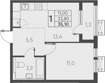 Планировка — Барса, 1-комн., 34 м²