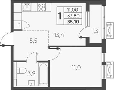 Планировка — Барса, 1-комн., 34 м²