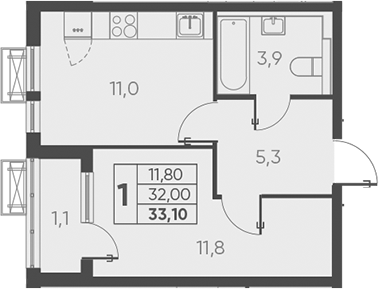 Планировка — Барса, 1-комн., 32 м²