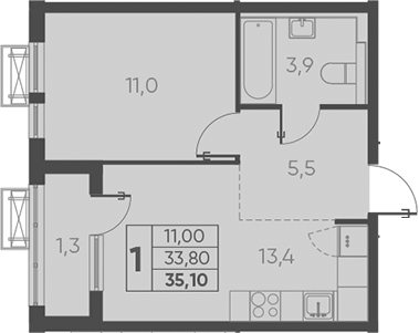 Планировка — Барса, 1-комн., 34 м²