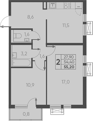 Планировка — Барса, 2-комн., 54 м²