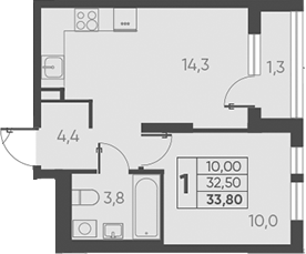 Планировка — Барса, 1-комн., 33 м²