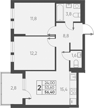 Планировка — Барса, 2-комн., 54 м²