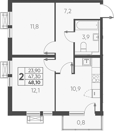 Планировка — Барса, 2-комн., 47 м²