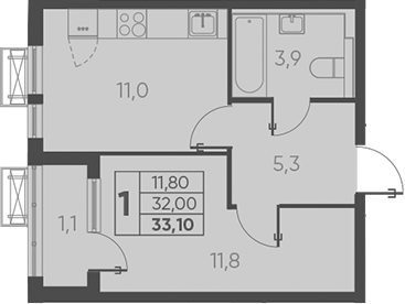 Планировка — Барса, 1-комн., 32 м²