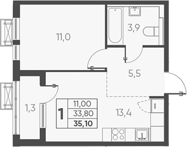 Планировка — Барса, 1-комн., 34 м²