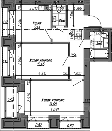 Планировка — Комсомольский проспект, 2-комн., 53 м²