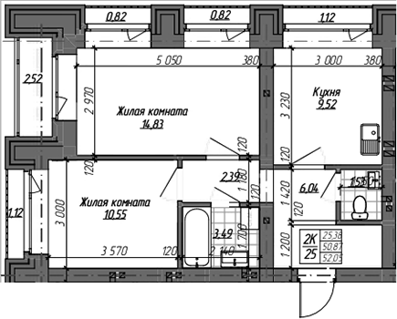 Планировка — Комсомольский проспект, 2-комн., 51 м²