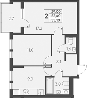 Планировка — Барса, 2-комн., 52 м²