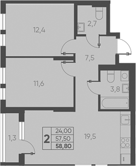Планировка — Барса, 2-комн., 58 м²