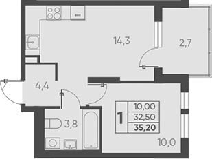 Планировка — Барса, 1-комн., 33 м²