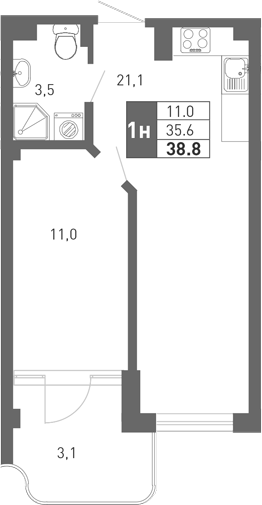 Планировка — Монако, 2-комн., 35 м²