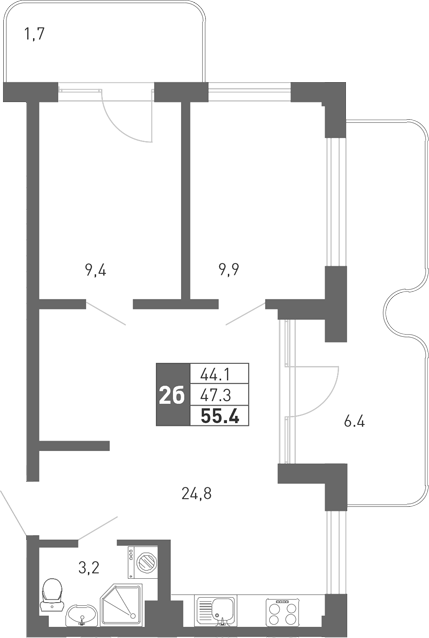 Планировка — Монако, 3-комн., 45 м²