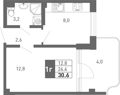 Планировка — Монако, 2-комн., 26 м²