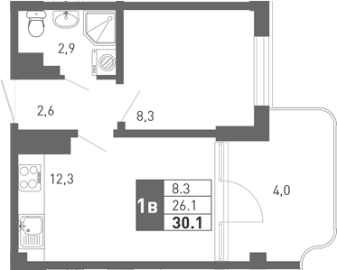 Планировка — Монако, 2-комн., 25 м²