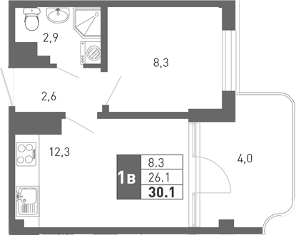 Планировка — Монако, 2-комн., 25 м²
