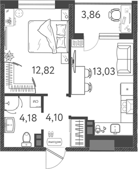 Планировка — Друзья, 2-комн., 34 м²
