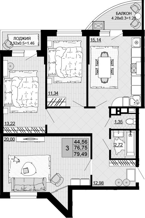 Планировка — Дружба, 3-комн., 77 м²