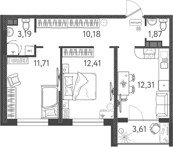 Планировка — Друзья, 3-комн., 51 м²