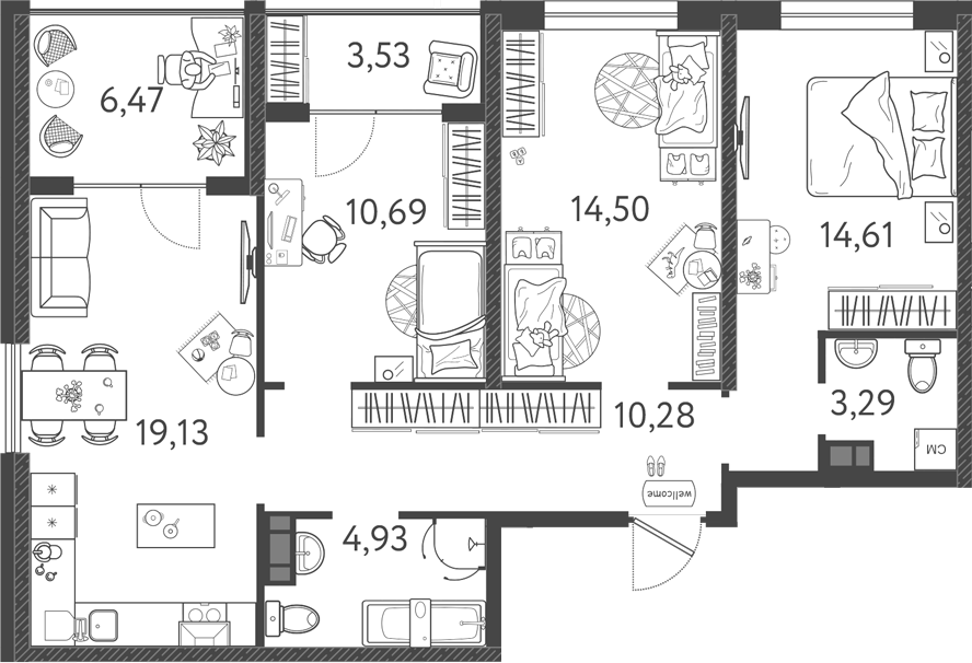 Планировка — Друзья, 4-комн., 75 м²