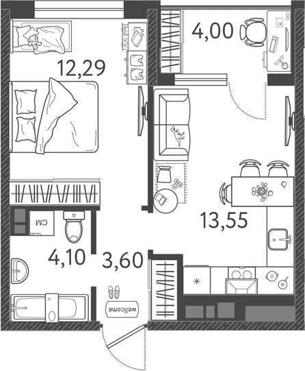 Планировка — Друзья, 2-комн., 34 м²