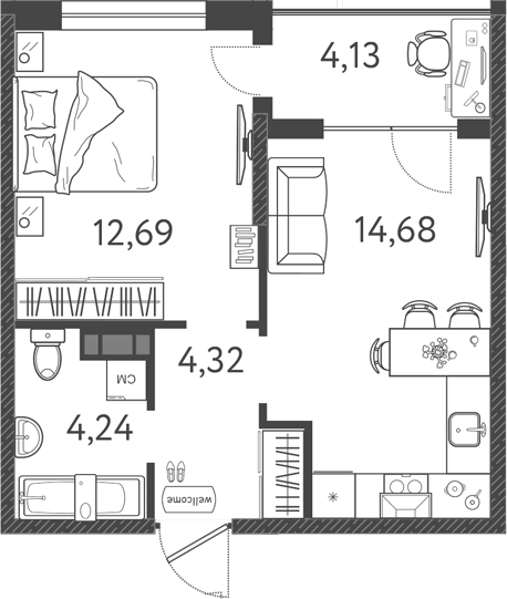 Планировка — Друзья, 2-комн., 36 м²