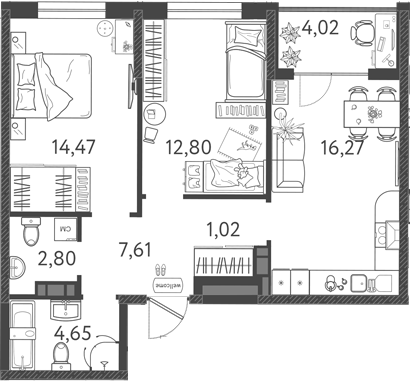 Планировка — Друзья, 3-комн., 60 м²