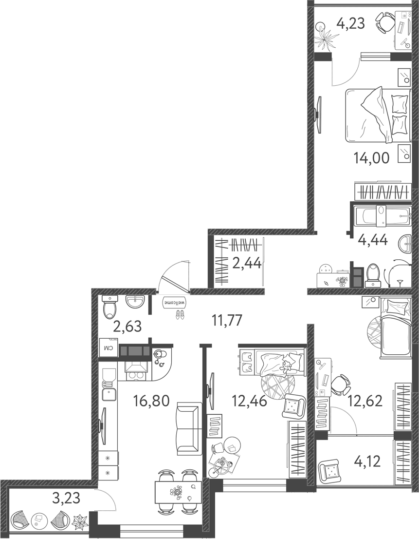 Планировка — Друзья, 4-комн., 75 м²